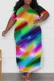 Casual Print Slit O Neck Long Plus Size Dresses