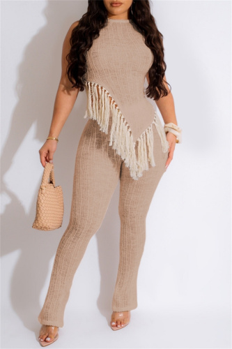 Casual Solid Tassel Patchwork Asymmetrical O Neck Sleeveless Two Pieces