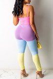 Sexy Patchwork Backless Contrast Spaghetti Strap Skinny Jumpsuits