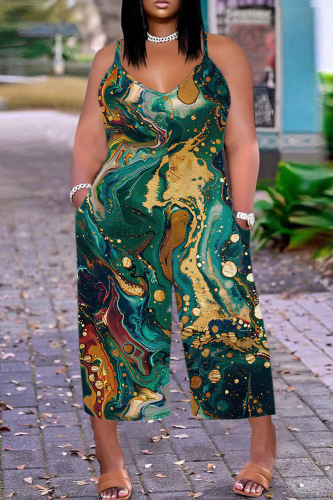 Casual Print Backless Spaghetti Strap Plus Size Jumpsuits