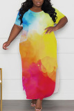 Casual Print Slit O Neck Long Plus Size Dresses