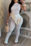 Casual Solid Tassel Patchwork Asymmetrical O Neck Sleeveless Two Pieces