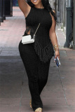 Casual Solid Tassel Patchwork Asymmetrical O Neck Sleeveless Two Pieces