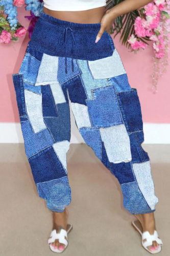 Street Print Patchwork Draw String Pocket Loose High Waist Wide Leg Full Print Bottoms