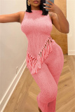 Casual Solid Tassel Patchwork Asymmetrical O Neck Sleeveless Two Pieces