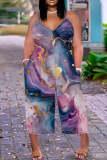 Casual Print Backless Spaghetti Strap Plus Size Jumpsuits