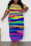 Casual Print Slit O Neck Long Plus Size Dresses