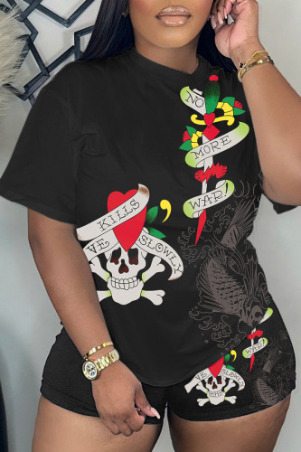 Casual Print Basic O Neck Short Sleeve Two Pieces