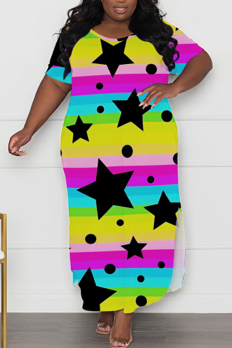 Casual Print Slit O Neck Long Plus Size Dresses