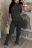 Casual Solid Tassel Patchwork Asymmetrical O Neck Sleeveless Two Pieces