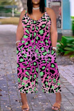 Casual Print Backless Spaghetti Strap Plus Size Jumpsuits