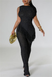 Casual Solid Tassel Patchwork Asymmetrical O Neck Sleeveless Two Pieces