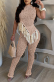 Casual Solid Tassel Patchwork Asymmetrical O Neck Sleeveless Two Pieces