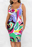 Casual Print Basic U Neck Vest Dresses