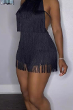 Street Solid Tassel Bandage Patchwork Backless Halter Regular Rompers
