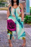 Casual Print Backless Spaghetti Strap Plus Size Jumpsuits