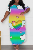 Casual Print Slit O Neck Long Plus Size Dresses