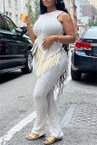 Casual Solid Tassel Patchwork Asymmetrical O Neck Sleeveless Two Pieces