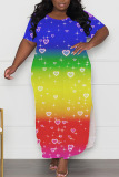 Casual Print Slit O Neck Long Plus Size Dresses