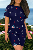 Casual Print Patchwork O Neck Short Sleeve Two Pieces