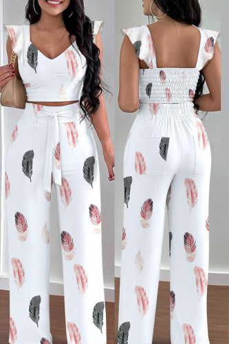 Casual Print Backless V Neck Sleeveless Two Pieces