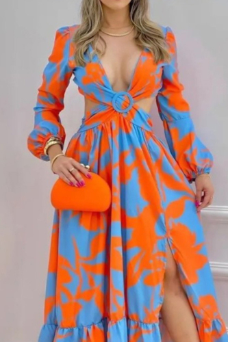 Casual Print Hollowed Out Frenulum Backless Slit V Neck Long Dresses Casual Print Hollowed Out Frenulum Backless Slit V Neck Long Dresses