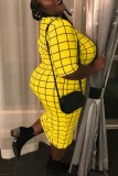 Casual Plaid Print Basic O Neck Short Sleeve Plus Size Dresses