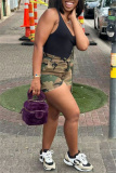 Casual Camouflage Print Patchwork Pocket Skinny High Waist Conventional Full Print Shorts