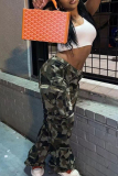 Casual Camouflage Print Patchwork Buttons Zipper Loose Mid Waist Straight Full Print Bottoms