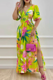 Casual Print Hollowed Out Frenulum Backless Slit V Neck Long Dresses