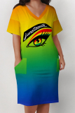 Casual Letter Eyes Printed Lips Pocket V Neck Short Sleeve Plus Size Dresses