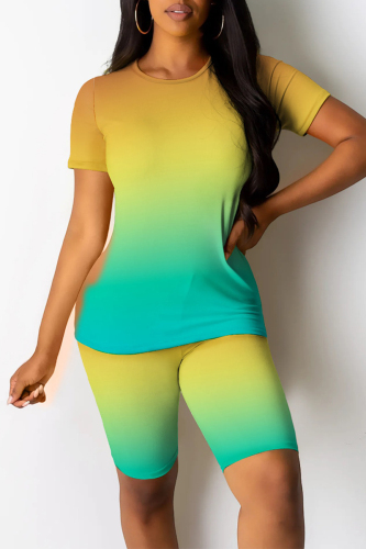 Casual Gradient Print Contrast O Neck Short Sleeve Two Pieces