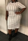 Casual Plaid Print Basic O Neck Short Sleeve Plus Size Dresses