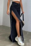 Casual Solid Slit Mid Waist Denim Jeans