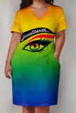 Casual Letter Eyes Printed Lips Pocket V Neck Short Sleeve Plus Size Dresses