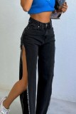Casual Solid Slit Mid Waist Denim Jeans