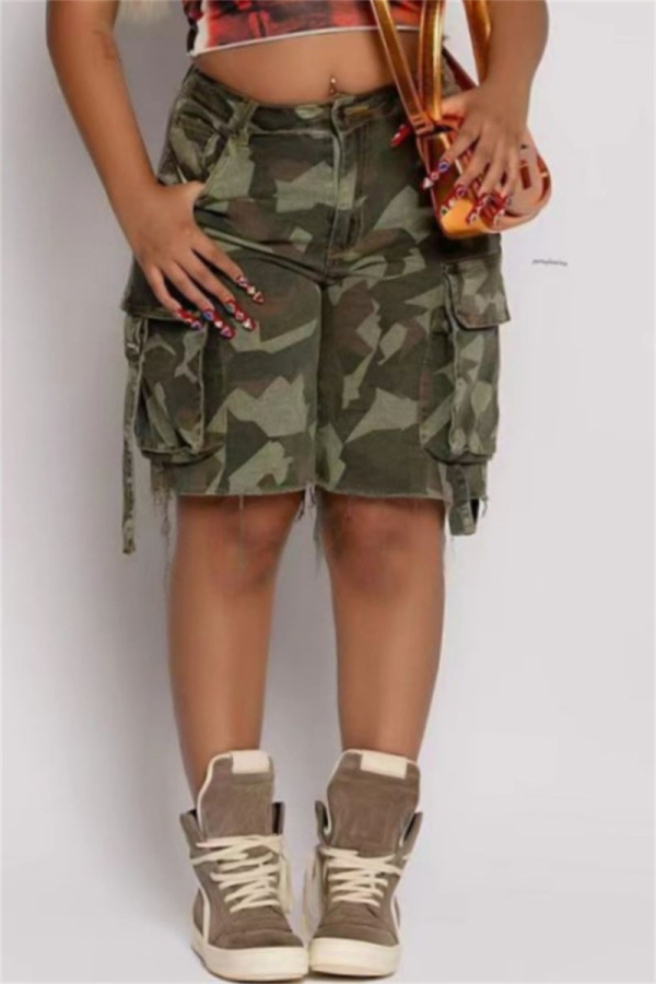 Casual Camouflage Print Patchwork Pocket Regular High Waist Straight Full Print Shorts