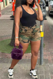 Casual Camouflage Print Patchwork Pocket Skinny High Waist Conventional Full Print Shorts
