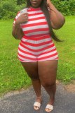Casual Striped Print Basic O Neck Plus Size Romper