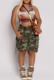 Casual Camouflage Print Patchwork Pocket Regular High Waist Straight Full Print Shorts