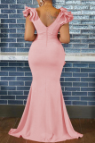 Pink Sexy Casual Solid Patchwork V Neck Long Dress Dresses