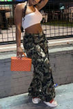 Casual Camouflage Print Patchwork Buttons Zipper Loose Mid Waist Straight Full Print Bottoms