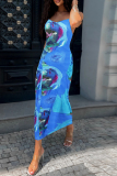 Sexy Print Backless Spaghetti Strap Sleeveless Dresses