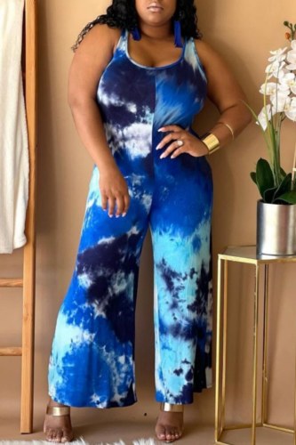 Casual Print Tie-dye U Neck Plus Size Jumpsuits