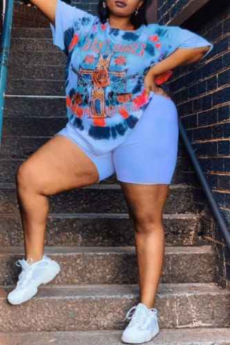 Casual Print Basic O Neck Plus Size Two Pieces