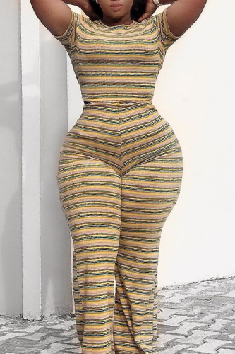 Casual Striped Print Basic O Neck Plus Size Two Pieces