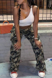 Casual Camouflage Print Patchwork Buttons Zipper Loose Mid Waist Straight Full Print Bottoms
