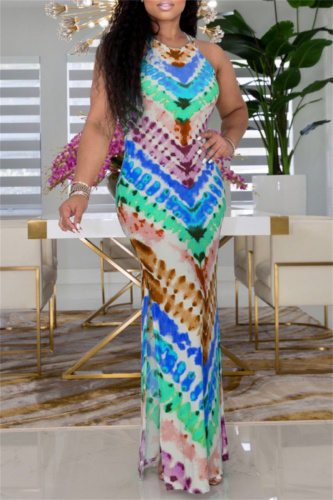 Casual Print Slit O Neck Long Dresses