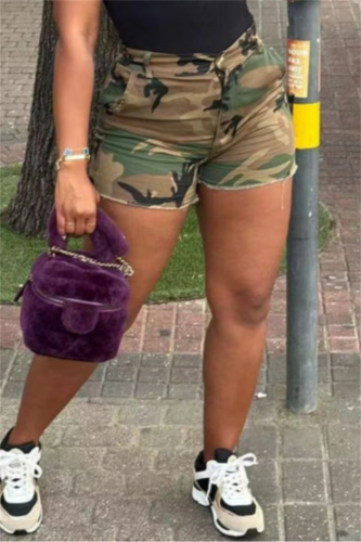Casual Camouflage Print Patchwork Pocket Skinny High Waist Conventional Full Print Shorts