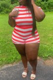 Casual Striped Print Basic O Neck Plus Size Romper